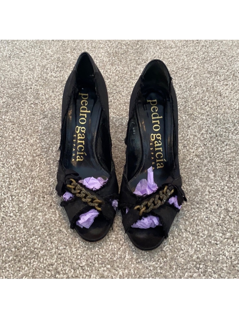 Pedro Garcia Black Peep-Toe Heels with Gold Chain Detail